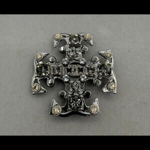 Chanel Silver Crystal Cross Brooch CC Peach Grey